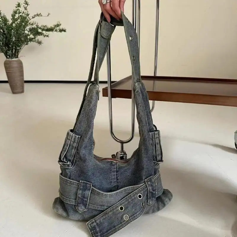 Chic Vintage Punk Denim Handbag with Adjustable Strap - Perfect for Trendy Women
