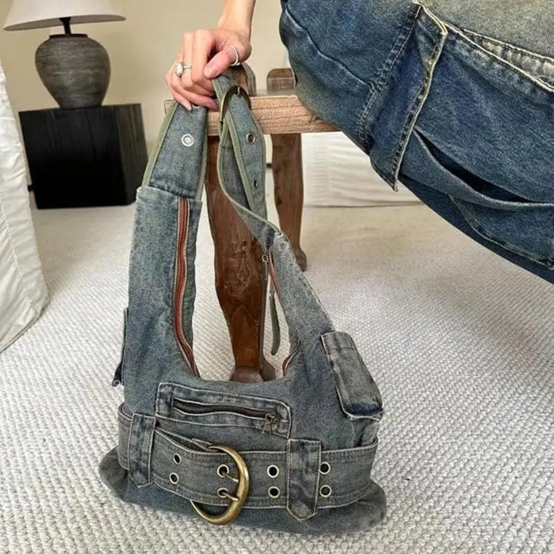 Chic Vintage Punk Denim Handbag with Adjustable Strap - Perfect for Trendy Women