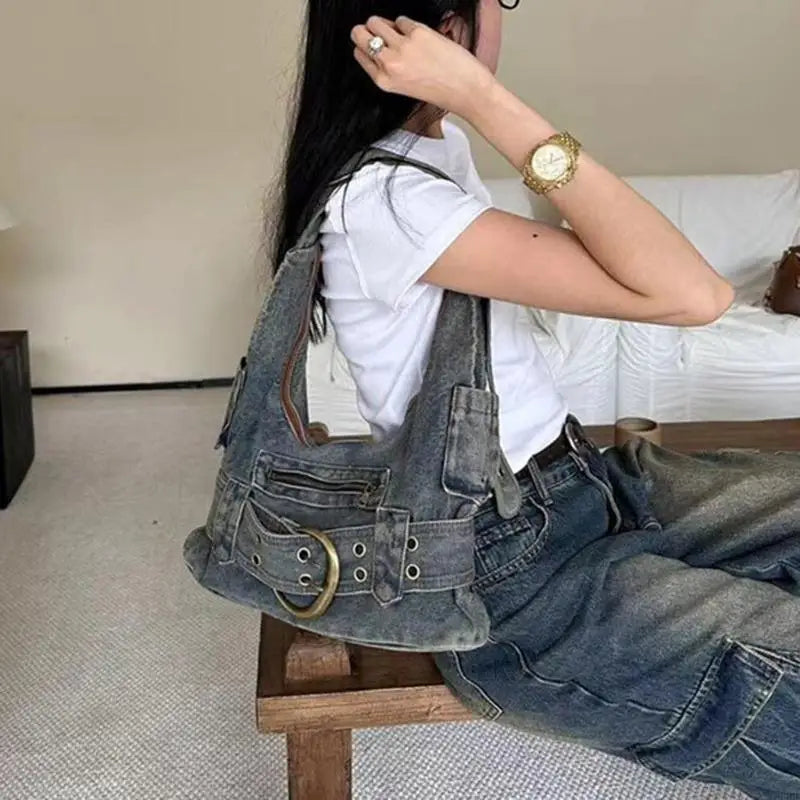 Chic Vintage Punk Denim Handbag with Adjustable Strap - Perfect for Trendy Women
